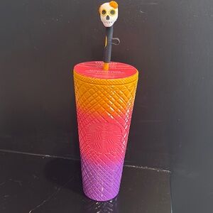 Starbucks Day Of The Dead Rare Orange and Purple Tumbler with Skull Straw